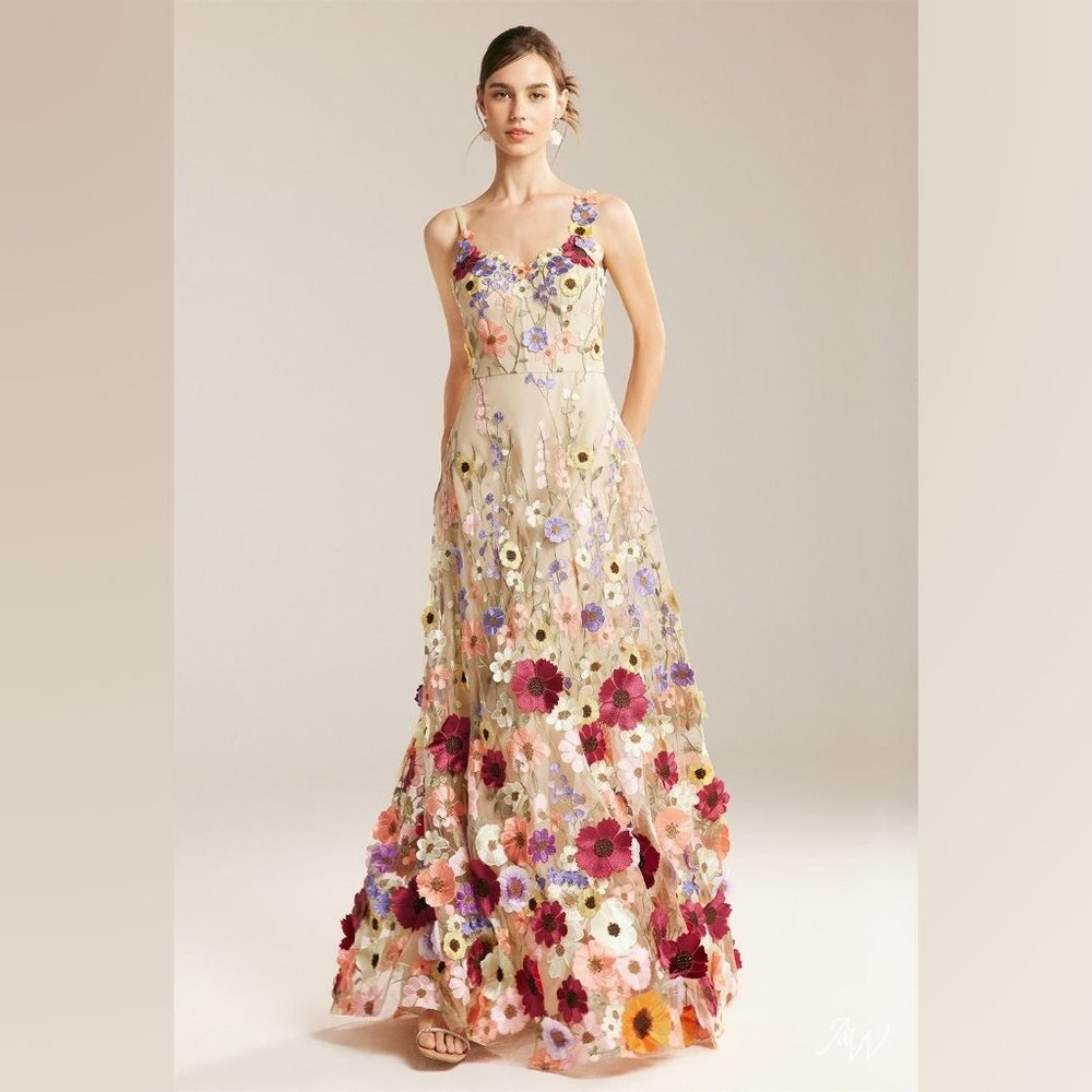 Embroidered Floral Maxi Dress in Cream and Multicolor